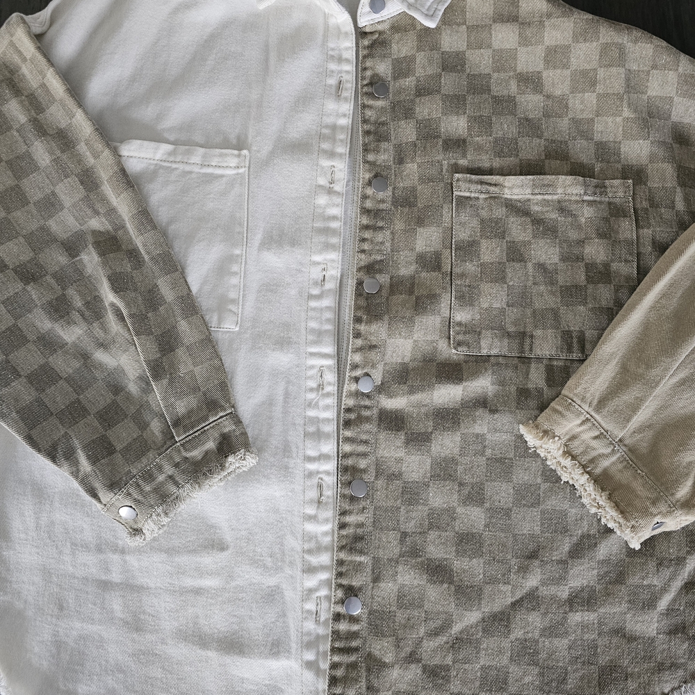POL Checkered Beige and White Women's Shirt Jacket